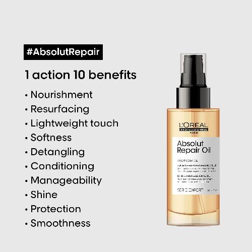 L'OREAL PROFESSIONNEL PARIS Absolut Repair Hair Oil For Dry & Damaged Hair, 90ml 10-In-1 Multi-Benefit Leave-In Hair Oil With Wheat Germ Oil - 3