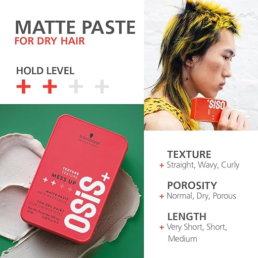 Schwarzkopf Professional OSiS+ Mess Up Hair Styling Matte Paste |Easy to Mould |Easy to apply and Wash | Vegan | Medium Hold | Dry and Non-Greasy | Matte finish| Pomade | 100 ml - 6